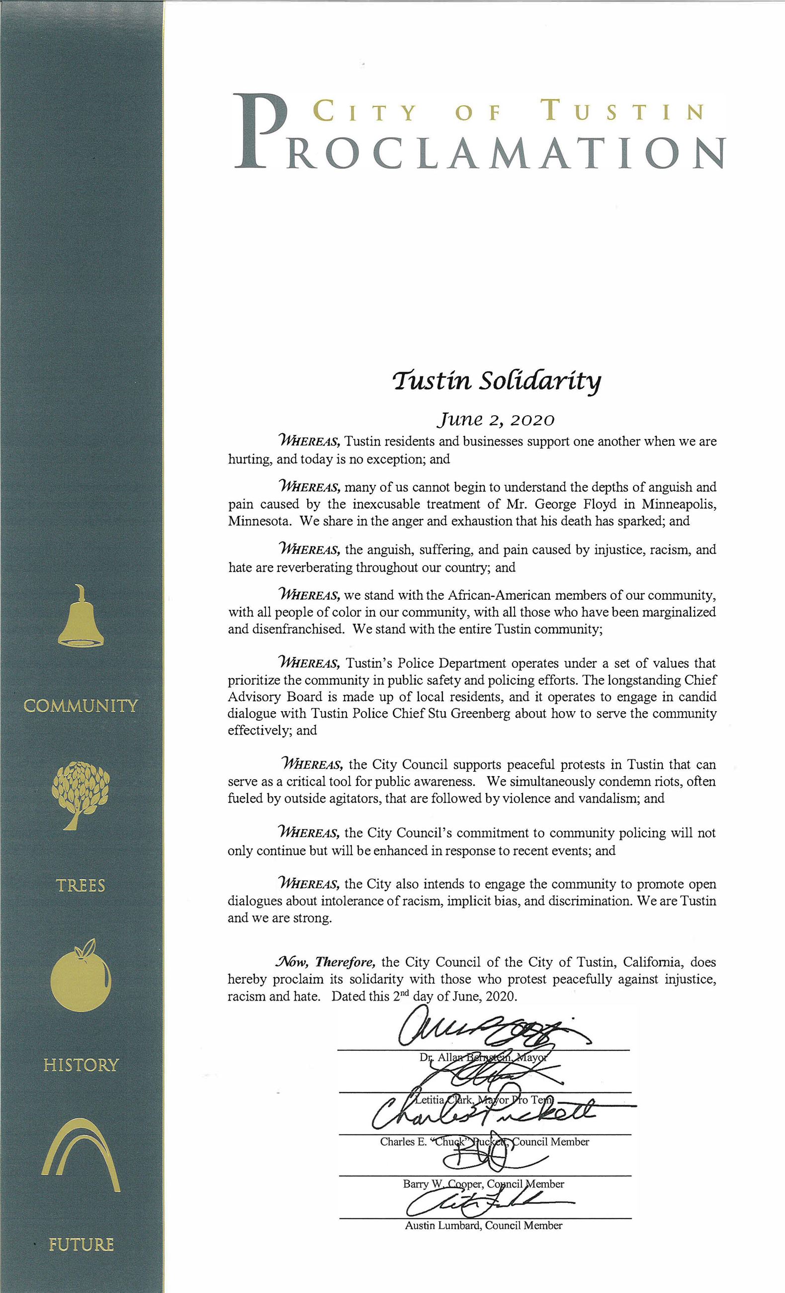 Tustin Solidarity Proclamation June 2 2020