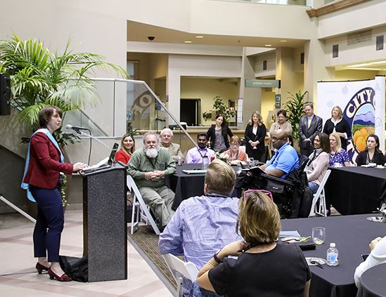 people gathered in a lobby for a conference