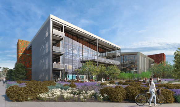 Concept Image of Woman Riding Bicycle in Front of Flight at Tustin Legacy Building