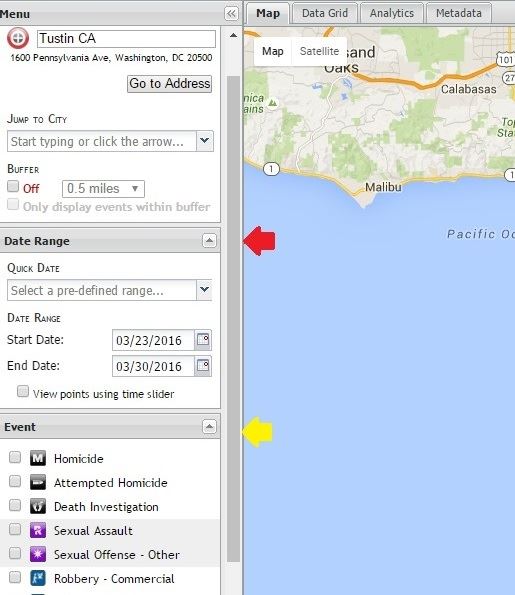Screenshot of crime map and filtering for date range and event (JPG) Opens in new window
