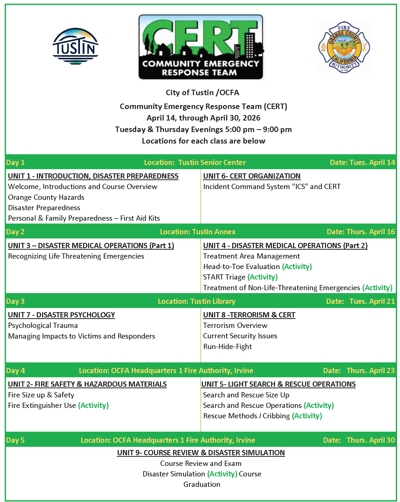 CERT Schedule Website April 2026