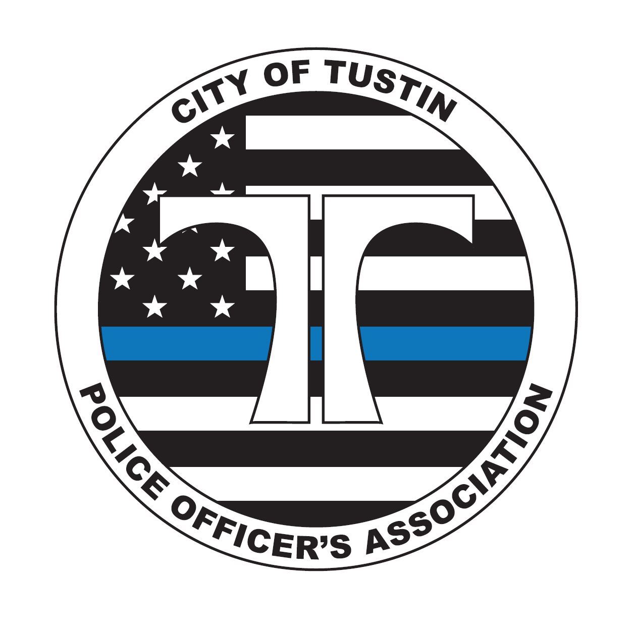 TPOA 2022 color logo; round logo with thin blue line flag as background with split "T" in the 